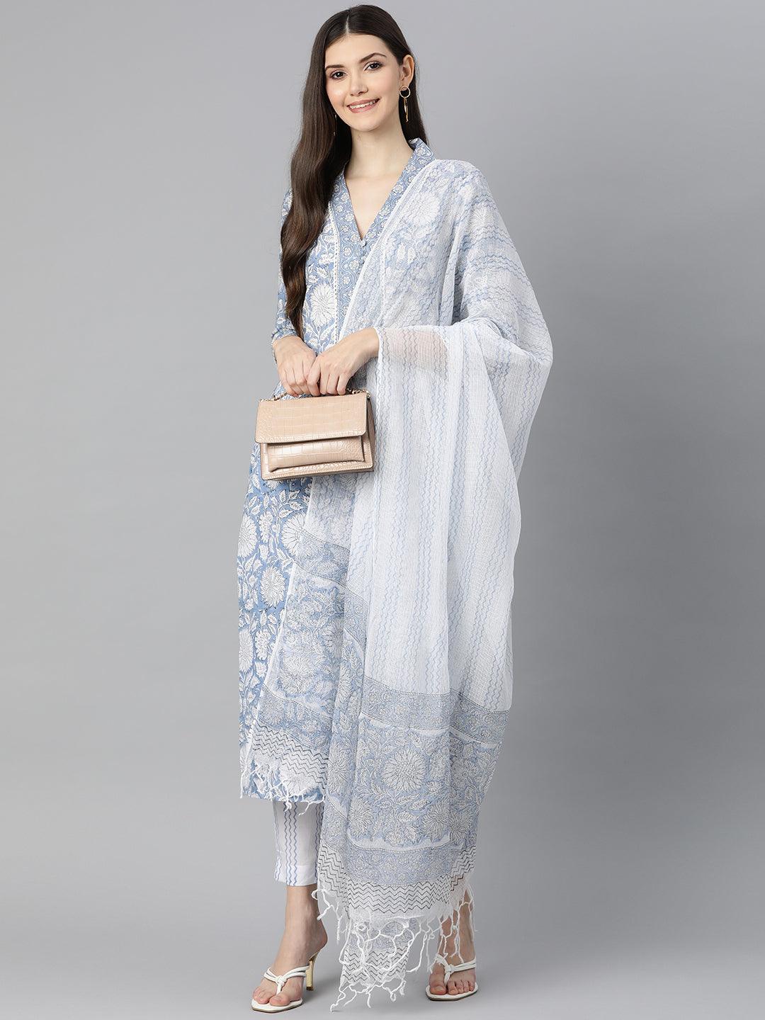 Sky Blue Hand Block Printed Straight Kurta Pant Set With Dupatta | LASVINI - Redefining Indian Fashion with Elegance