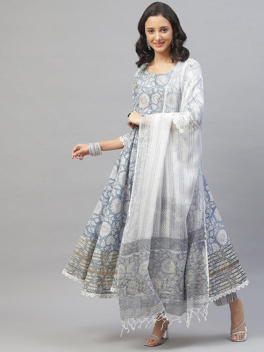 Sky Blue Hand Block Printed Anarkali Kurta Pant Set With Dupatta | LASVINI - Redefining Indian Fashion with Elegance