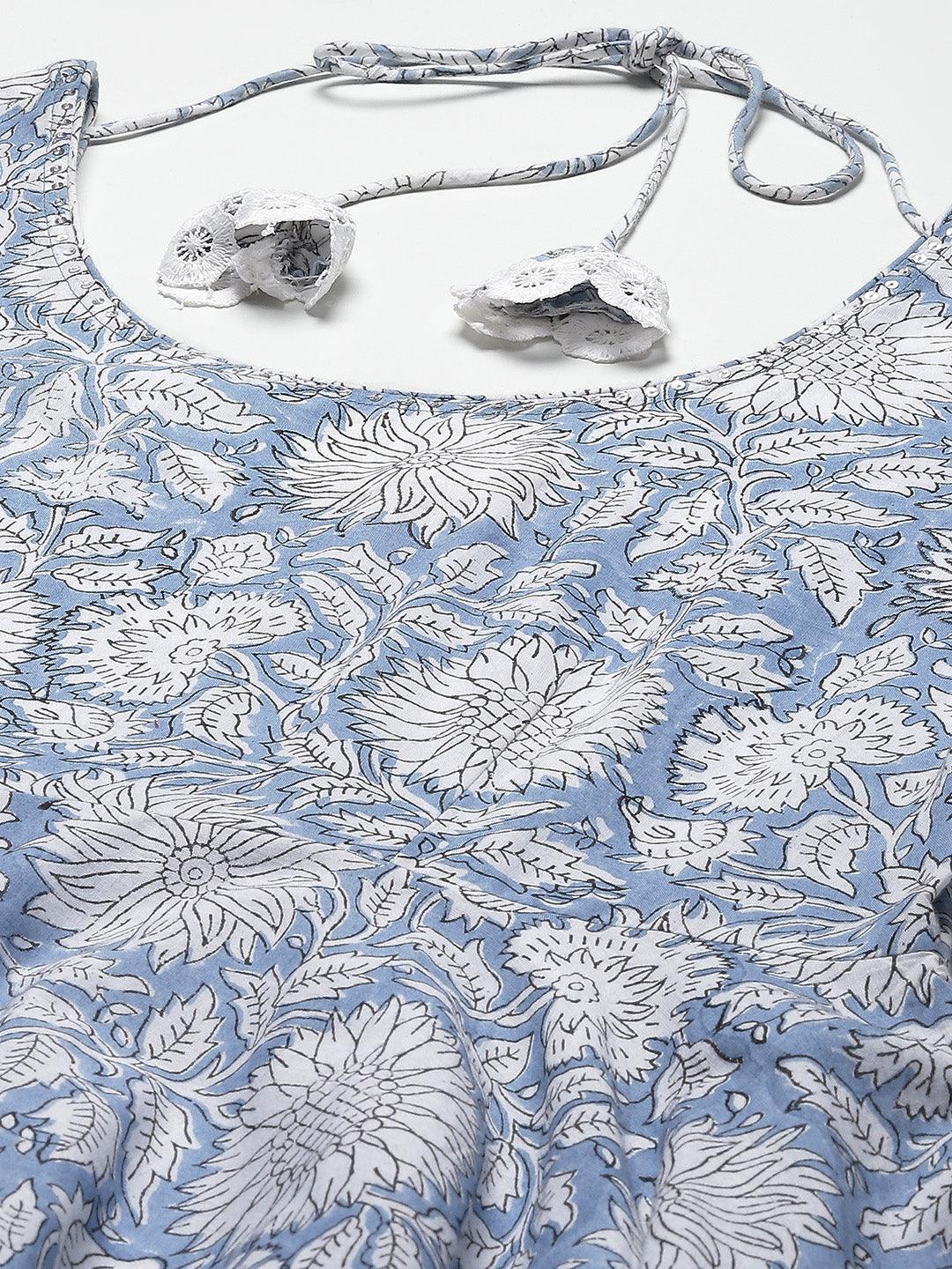Sky Blue Hand Block Printed Anarkali Kurta Pant Set With Dupatta | LASVINI - Redefining Indian Fashion with Elegance
