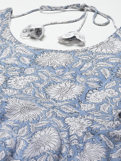 Sky Blue Hand Block Printed Anarkali Kurta Pant Set With Dupatta | LASVINI - Redefining Indian Fashion with Elegance