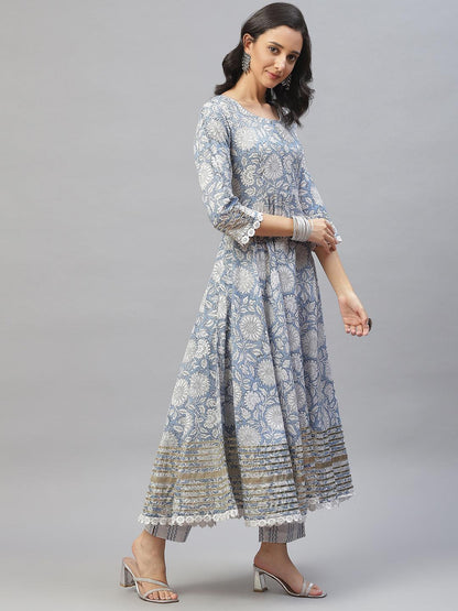 Sky Blue Hand Block Printed Anarkali Kurta Pant Set With Dupatta | LASVINI - Redefining Indian Fashion with Elegance
