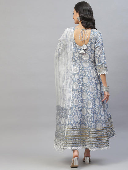 Sky Blue Hand Block Printed Anarkali Kurta Pant Set With Dupatta | LASVINI - Redefining Indian Fashion with Elegance