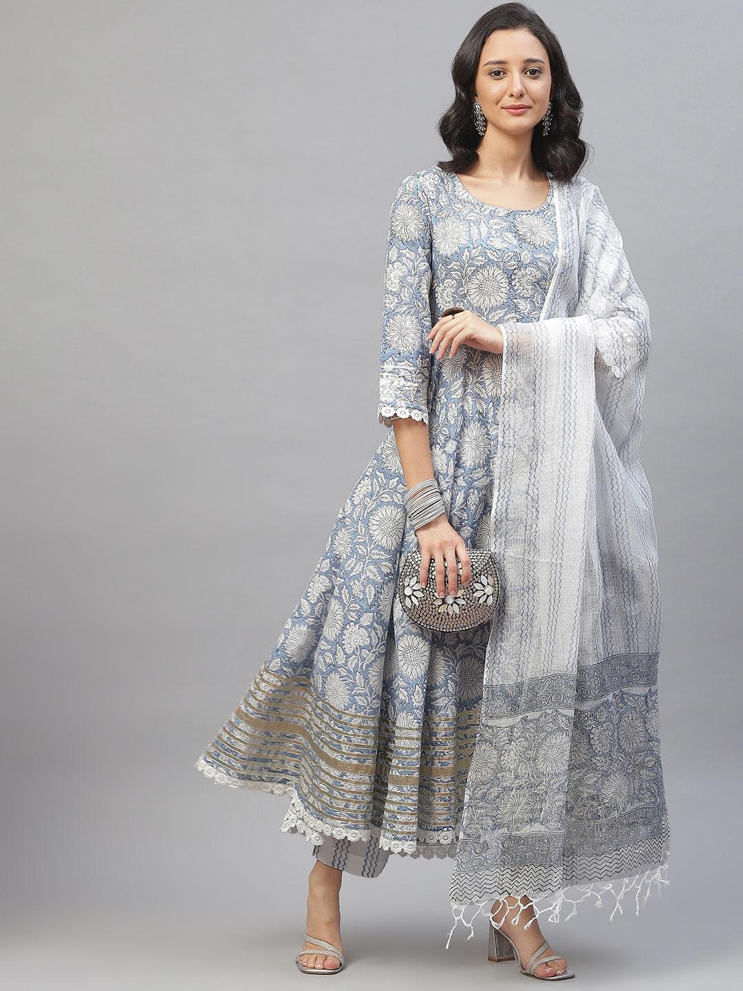 Sky Blue Hand Block Printed Anarkali Kurta Pant Set With Dupatta | LASVINI - Redefining Indian Fashion with Elegance