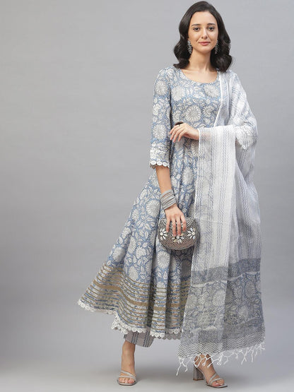 Sky Blue Hand Block Printed Anarkali Kurta Pant Set With Dupatta | LASVINI - Redefining Indian Fashion with Elegance