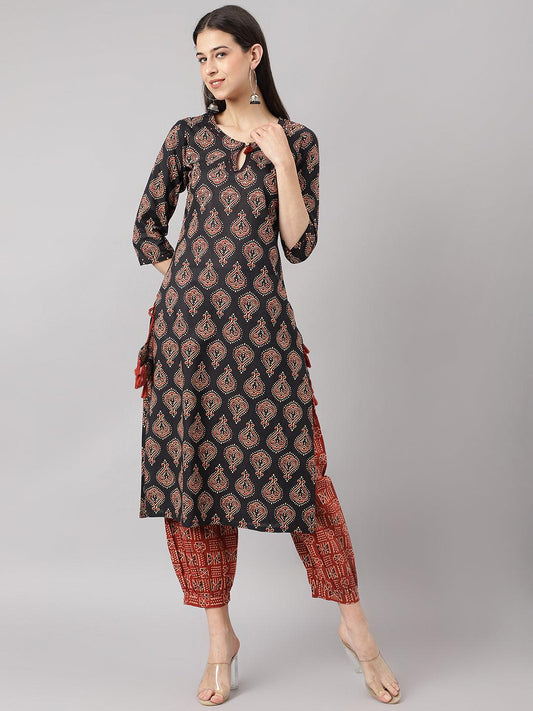 Black And Red Cotton Buti Printed Kurta With Hem Cuffed Pant Set | LASVINI - Redefining Indian Fashion with Elegance