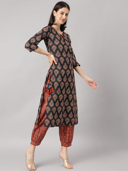 Black And Red Cotton Buti Printed Kurta With Hem Cuffed Pant Set | LASVINI - Redefining Indian Fashion with Elegance