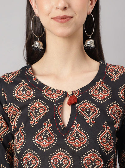 Black And Red Cotton Buti Printed Kurta With Hem Cuffed Pant Set | LASVINI - Redefining Indian Fashion with Elegance