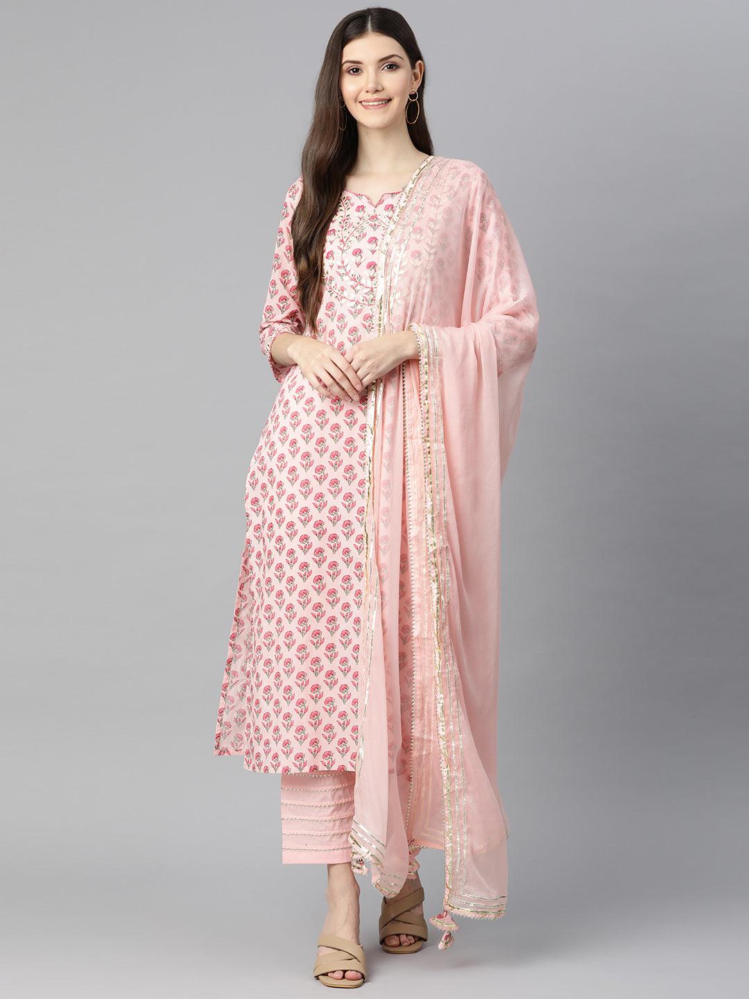 Pink Cotton Straight Kurta Pant Set With Dupatta | LASVINI - Redefining Indian Fashion with Elegance