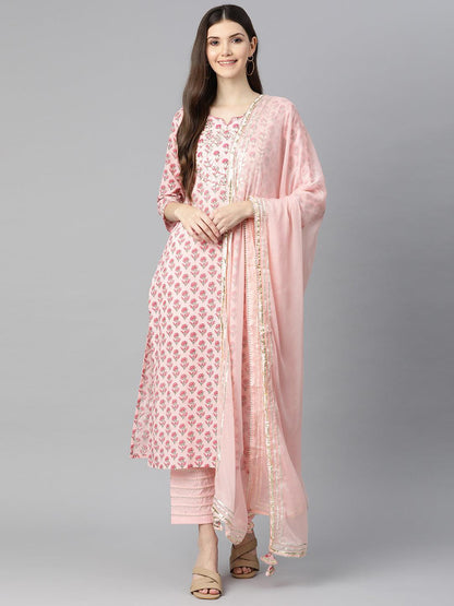 Pink Cotton Straight Kurta Pant Set With Dupatta | LASVINI - Redefining Indian Fashion with Elegance