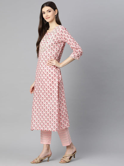 Pink Cotton Straight Kurta Pant Set With Dupatta | LASVINI - Redefining Indian Fashion with Elegance