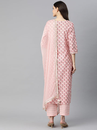 Pink Cotton Straight Kurta Pant Set With Dupatta | LASVINI - Redefining Indian Fashion with Elegance