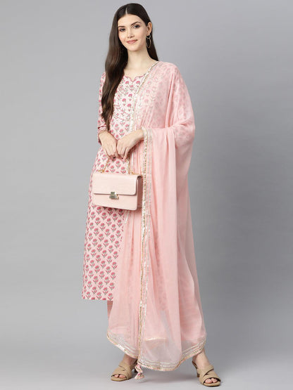 Pink Cotton Straight Kurta Pant Set With Dupatta | LASVINI - Redefining Indian Fashion with Elegance