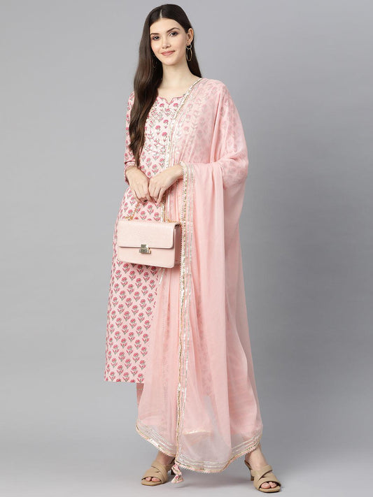Pink Cotton Straight Kurta Pant Set With Dupatta | LASVINI - Redefining Indian Fashion with Elegance