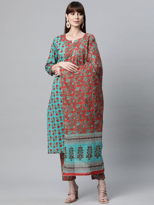 Women Rama Green Cotton Straight Kurta Pant Set With Dupatta | LASVINI - Redefining Indian Fashion with Elegance