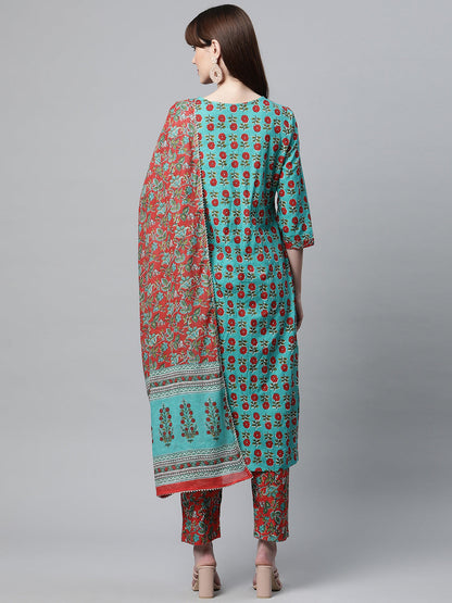 Women Rama Green Cotton Straight Kurta Pant Set With Dupatta | LASVINI - Redefining Indian Fashion with Elegance