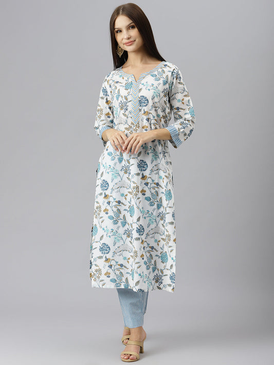 Women White Floral Printed Pure Cotton Kurta With Trousers | LASVINI - Redefining Indian Fashion with Elegance