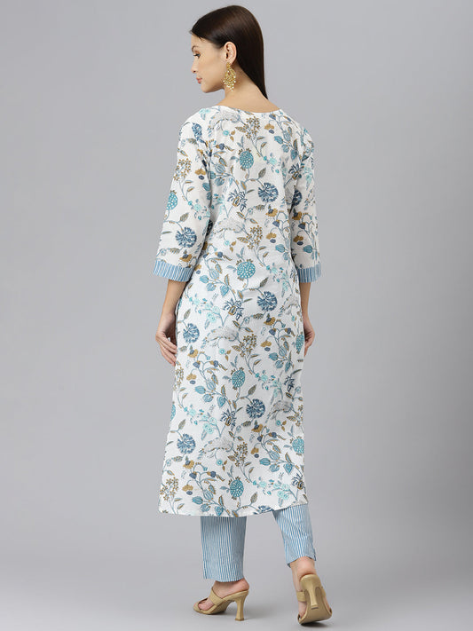 Women White Floral Printed Pure Cotton Kurta With Trousers | LASVINI - Redefining Indian Fashion with Elegance
