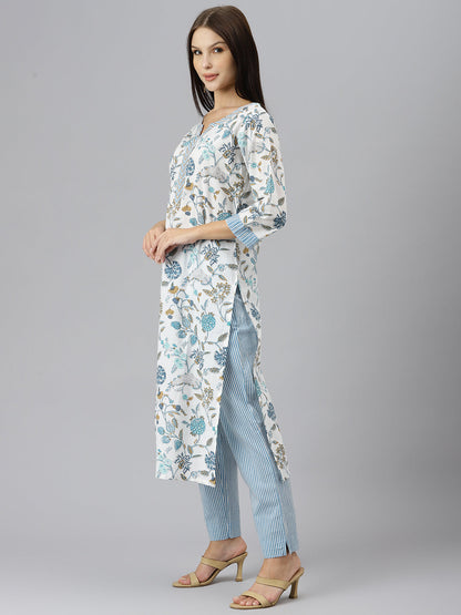 Women White Floral Printed Pure Cotton Kurta With Trousers | LASVINI - Redefining Indian Fashion with Elegance