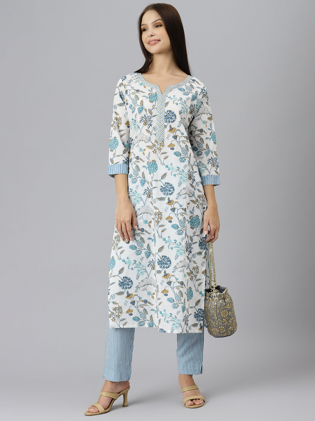 Women White Floral Printed Pure Cotton Kurta With Trousers | LASVINI - Redefining Indian Fashion with Elegance