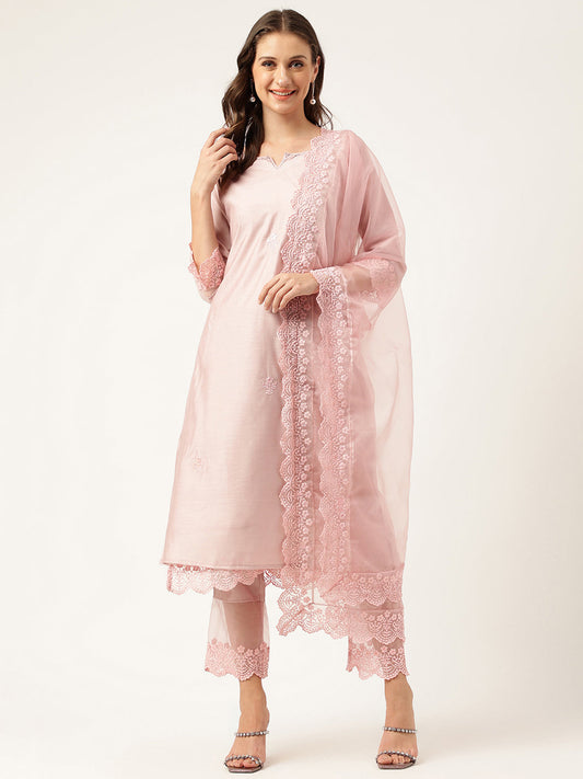 Solid Chanderi Kurta With Inner, Trouser Inner & Dupatta Set | LASVINI - Redefining Indian Fashion with Elegance