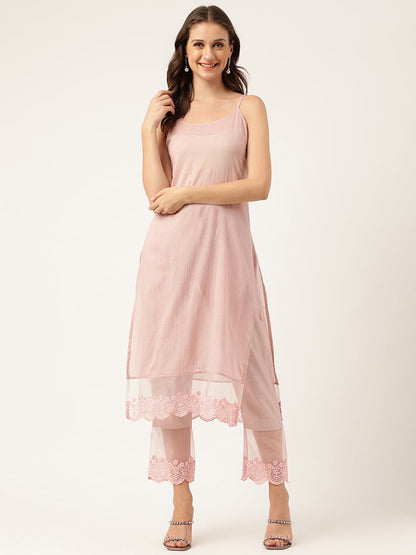 Solid Chanderi Kurta With Inner, Trouser Inner & Dupatta Set | LASVINI - Redefining Indian Fashion with Elegance