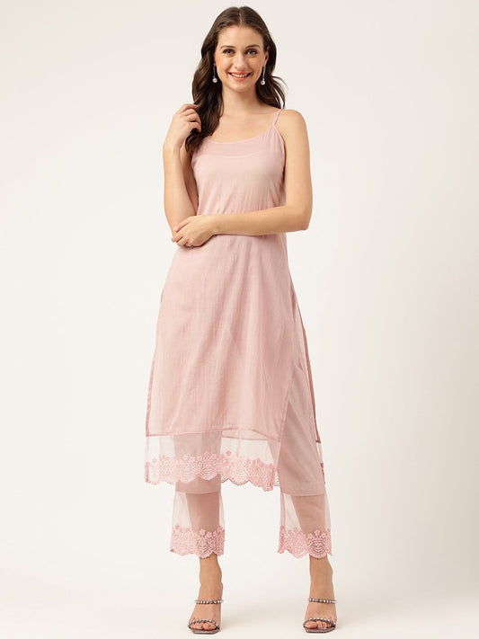 Solid Chanderi Kurta With Inner, Trouser Inner & Dupatta Set | LASVINI - Redefining Indian Fashion with Elegance