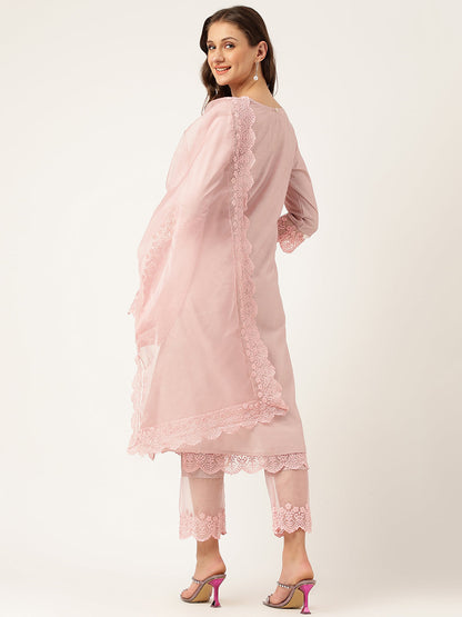 Solid Chanderi Kurta With Inner, Trouser Inner & Dupatta Set | LASVINI - Redefining Indian Fashion with Elegance