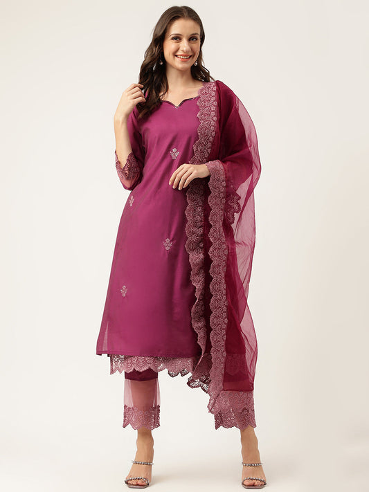 Solid Purple Chanderi Embroidered Kurta With Inner Trouser Inner & Dupatta Set | LASVINI - Redefining Indian Fashion with Elegance