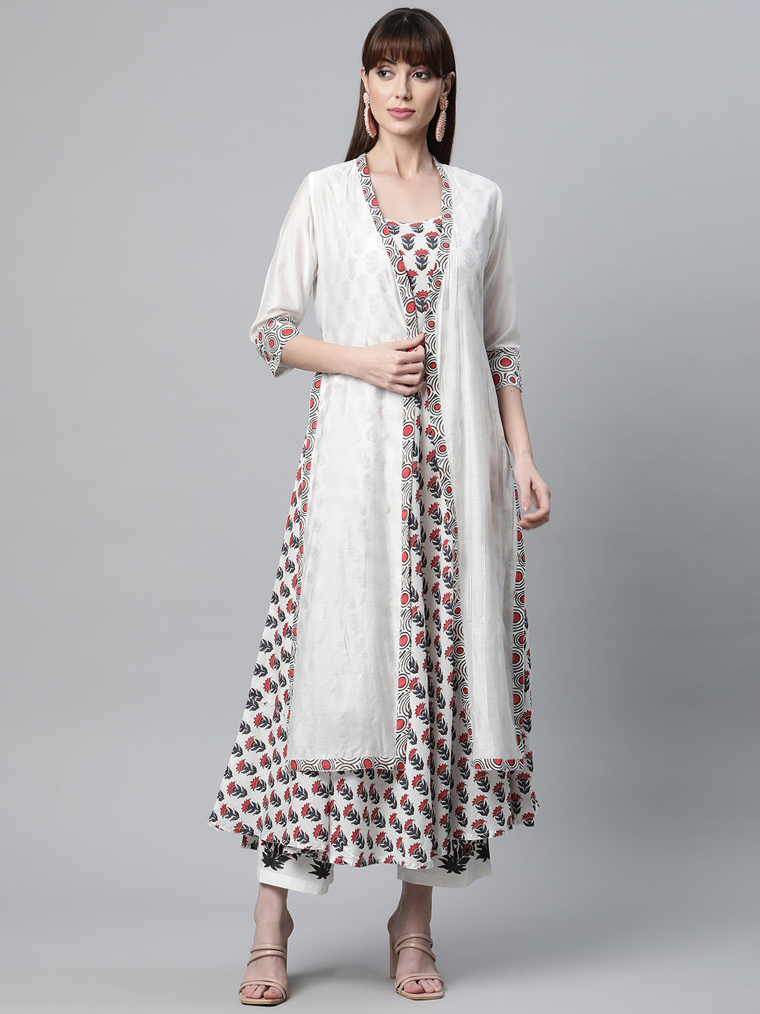 Women White Floral Kurta Pant Set With Chanderi Shurg | LASVINI - Redefining Indian Fashion with Elegance