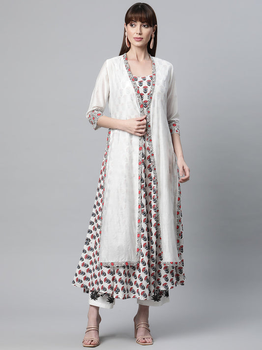 Women White Floral Kurta Pant Set With Chanderi Shurg | LASVINI - Redefining Indian Fashion with Elegance