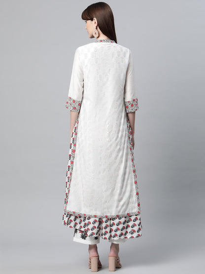 Women White Floral Kurta Pant Set With Chanderi Shurg | LASVINI - Redefining Indian Fashion with Elegance