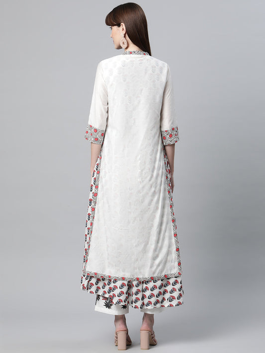 Women White Floral Kurta Pant Set With Chanderi Shurg | LASVINI - Redefining Indian Fashion with Elegance