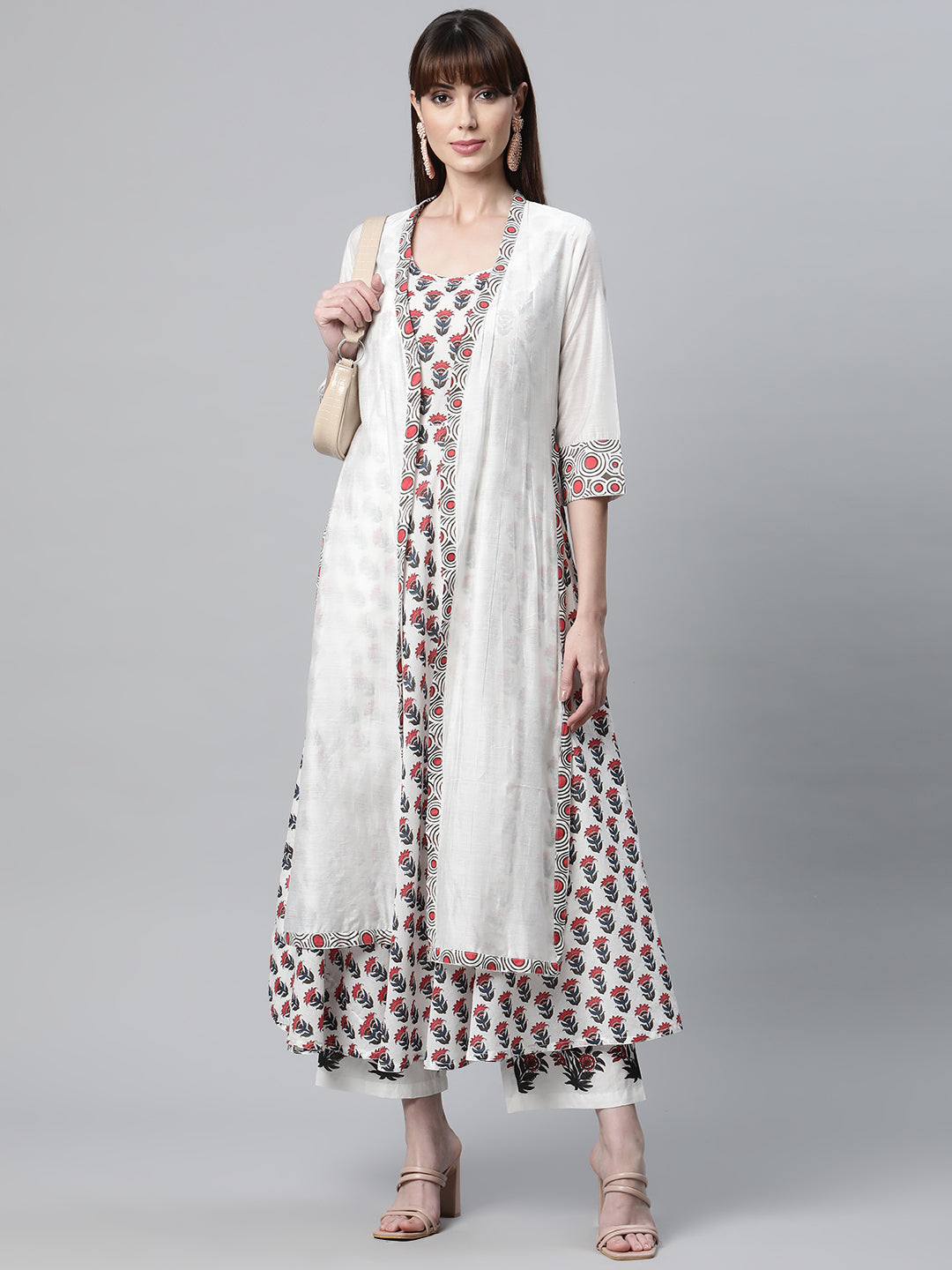 Women White Floral Kurta Pant Set With Chanderi Shurg | LASVINI - Redefining Indian Fashion with Elegance