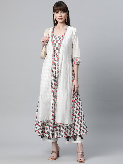 Women White Floral Kurta Pant Set With Chanderi Shurg | LASVINI - Redefining Indian Fashion with Elegance