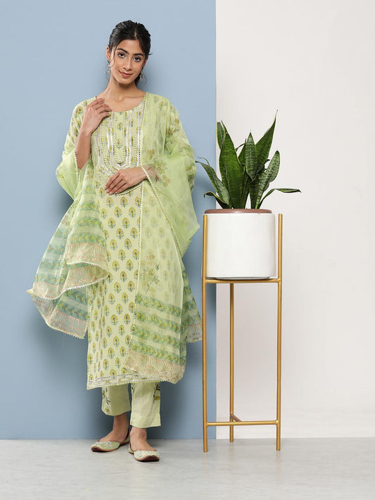 Green Cotton Straight Pant Set With Organza Dupatta | LASVINI - Redefining Indian Fashion with Elegance