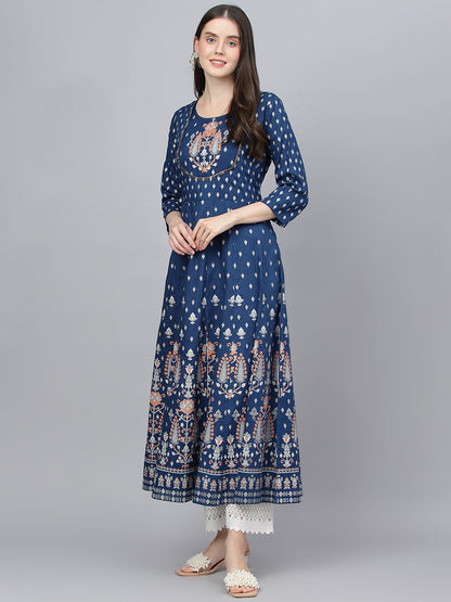 Women Indigo Ethnic Motif Rayon Anarkali Kurta | LASVINI - Redefining Indian Fashion with Elegance
