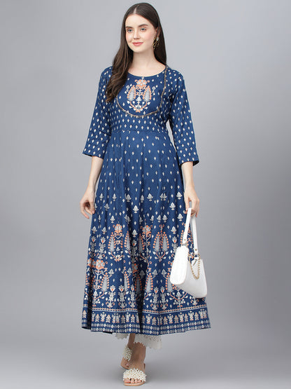 Women Indigo Ethnic Motif Rayon Anarkali Kurta | LASVINI - Redefining Indian Fashion with Elegance