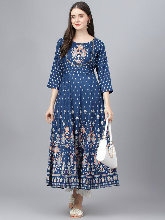 Women Indigo Ethnic Motif Rayon Anarkali Kurta | LASVINI - Redefining Indian Fashion with Elegance