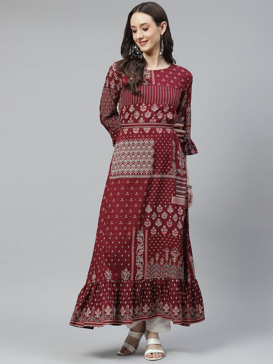 Maroon Rayon A-Line Kurta With Belt | LASVINI - Redefining Indian Fashion with Elegance
