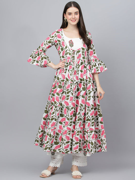 Women White Floral Cotton Anarkali Kurta With Jecket | LASVINI - Redefining Indian Fashion with Elegance