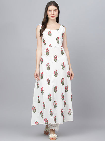 Women White Floral Cotton Anarkali Kurta With Jecket | LASVINI - Redefining Indian Fashion with Elegance