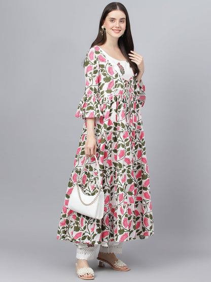 Women White Floral Cotton Anarkali Kurta With Jecket | LASVINI - Redefining Indian Fashion with Elegance