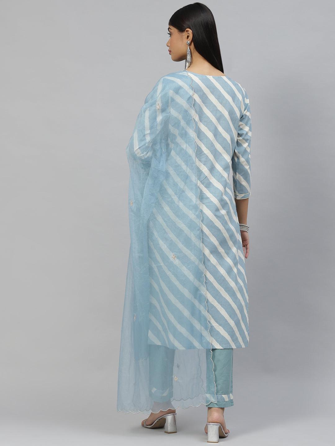 Sky Blue Leheriya Cotton Kurta Pant Set With Organza Dupatta | LASVINI - Redefining Indian Fashion with Elegance