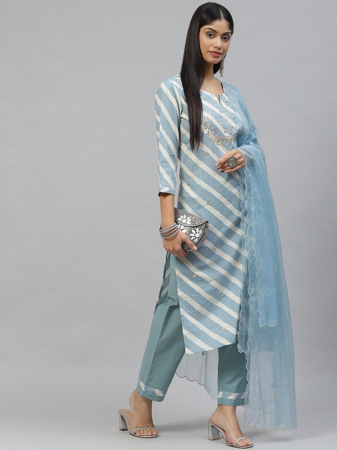 Sky Blue Leheriya Cotton Kurta Pant Set With Organza Dupatta | LASVINI - Redefining Indian Fashion with Elegance