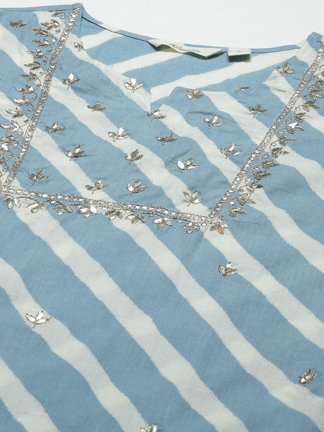 Sky Blue Leheriya Cotton Kurta Pant Set With Organza Dupatta | LASVINI - Redefining Indian Fashion with Elegance