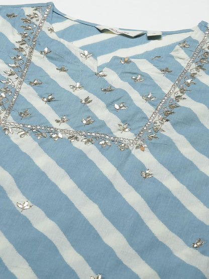 Sky Blue Leheriya Cotton Kurta Pant Set With Organza Dupatta | LASVINI - Redefining Indian Fashion with Elegance
