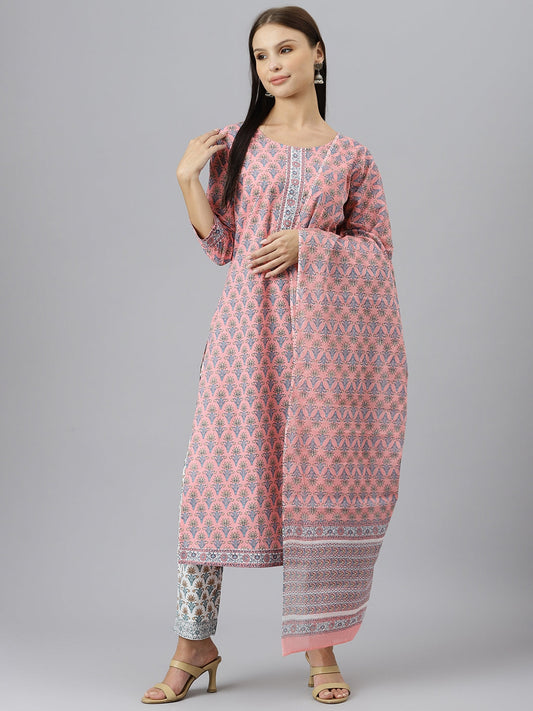 Women Pink Printed Gotta Patti Pure Cotton Kurta With Trousers & Dupatta | LASVINI - Redefining Indian Fashion with Elegance