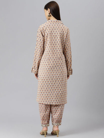 Beige Cotton Shirt Style Kurta Hem Cuffed Pant Co-Ord Set | LASVINI - Redefining Indian Fashion with Elegance