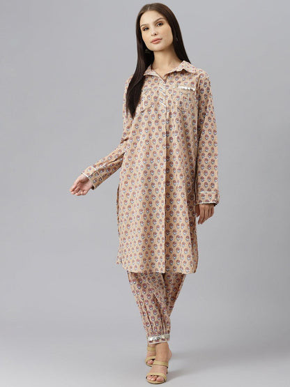 Beige Cotton Shirt Style Kurta Hem Cuffed Pant Co-Ord Set | LASVINI - Redefining Indian Fashion with Elegance