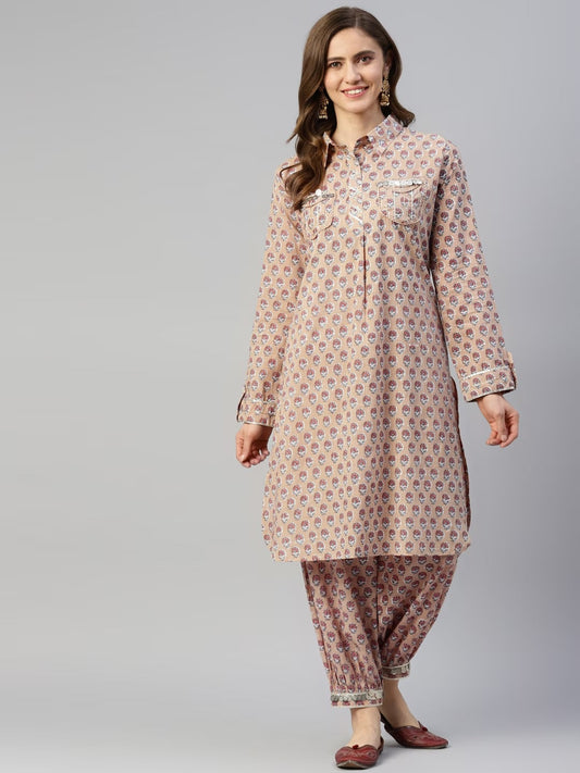 Beige Cotton Shirt Style Kurta Hem Cuffed Pant Co-Ord Set | LASVINI - Redefining Indian Fashion with Elegance